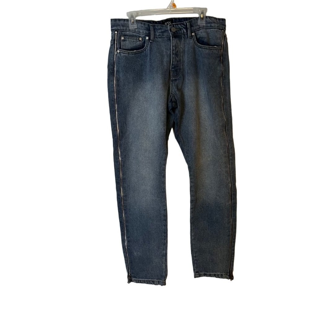 BoohooMAN Blue Jeans Straight Full Zip Up Leg Moto Relaxed Mens Size 34